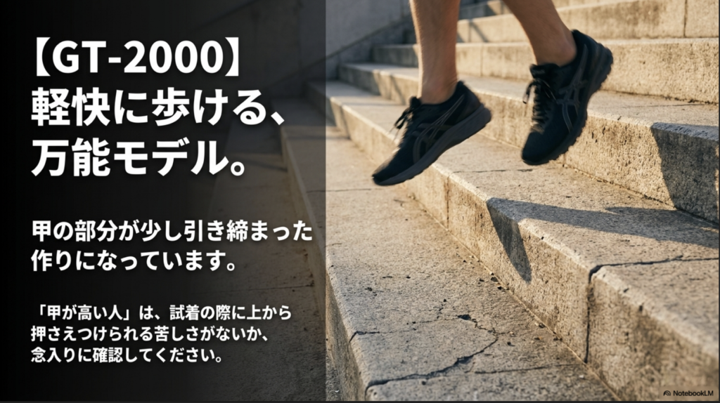 甲の部分が少し引き締まったGT-2000。甲が高い人は圧迫感がないか要確認。