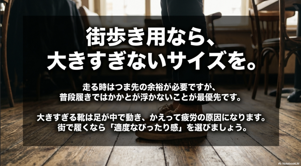 普段履きではかかとが浮かないことを最優先し、大きすぎないサイズを選ぶ理由。