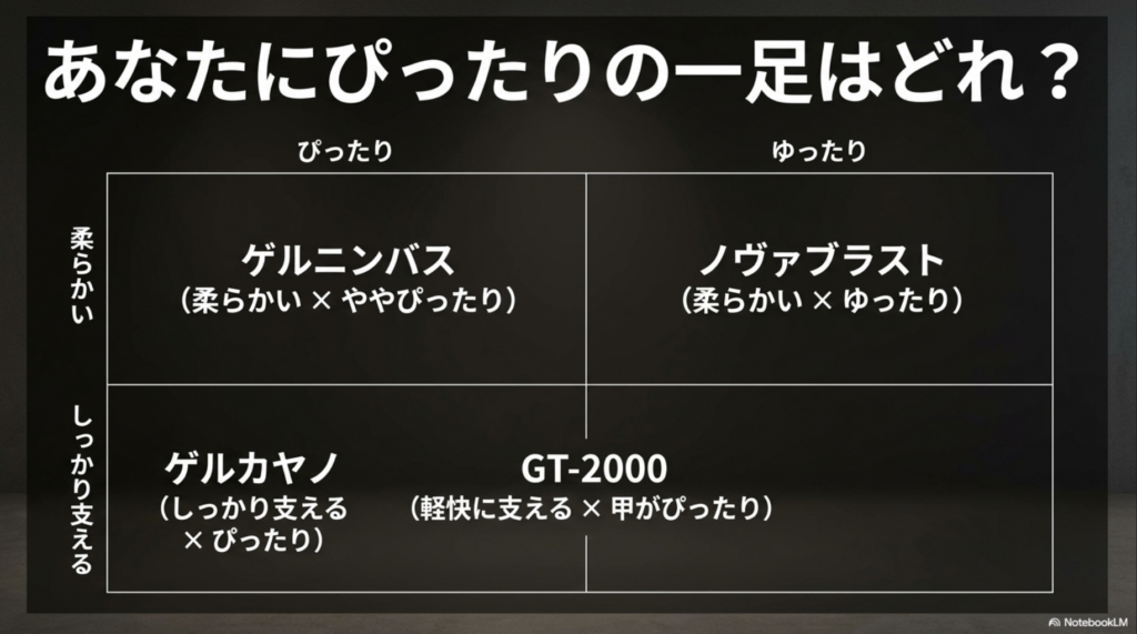 柔らかさ、サポート性、フィット感の強弱で分けたアシックス人気4モデルの分布図。
