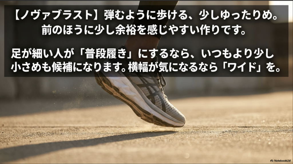 少しゆったりめのノヴァブラスト。足が細い人の普段履きなら少し小さめも候補になる。