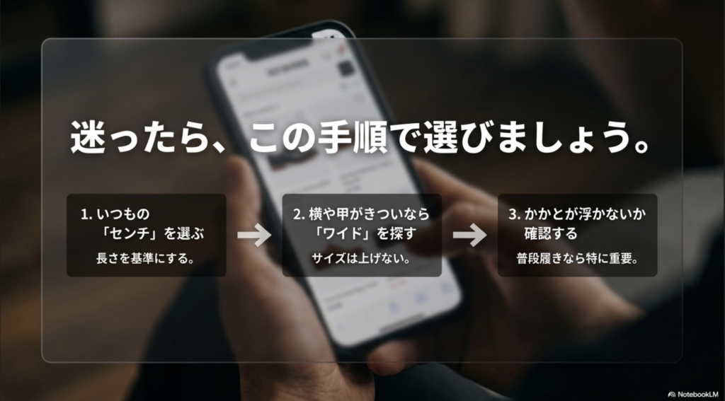 1.センチを選ぶ、2.ワイドを探す、3.かかとの浮きを確認、の3つの手順。