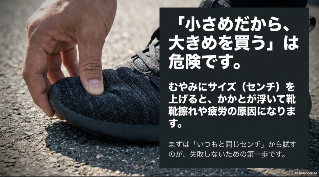 サイズをむやみに上げるとかかとが浮き、靴擦れや疲労の原因になることを説明する図解。