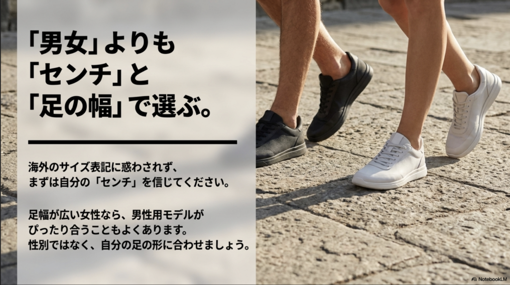 女性でも足幅が広い場合は男性用モデルが合うなど、性別ではなく足の形に合わせる考え方。
