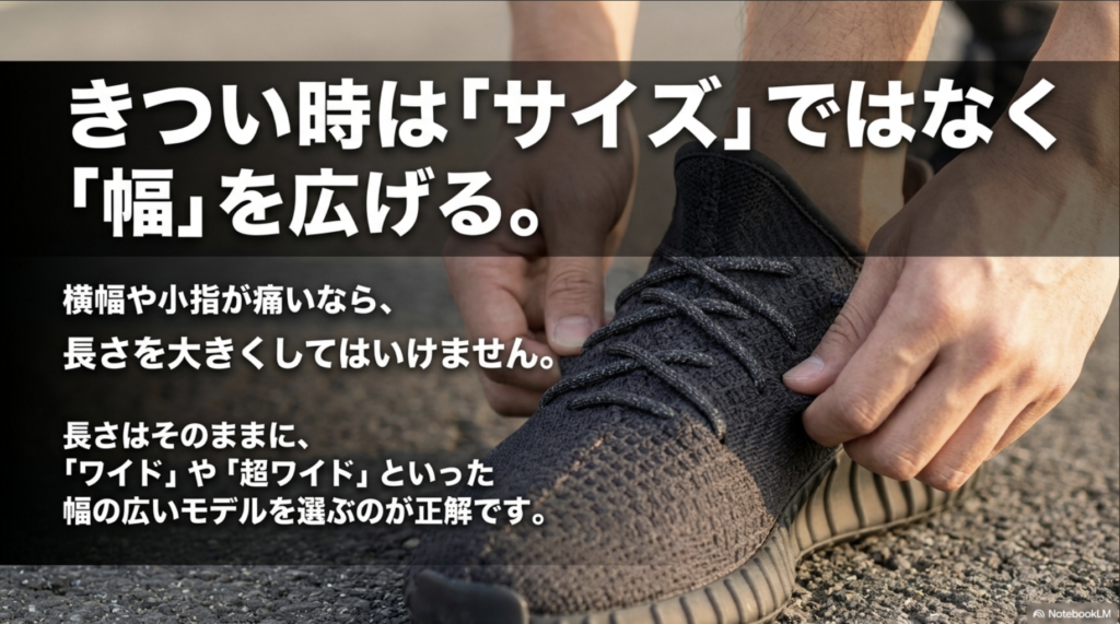横幅が痛い場合は長さを大きくせず、ワイドや超ワイドモデルを選ぶべきという解説。