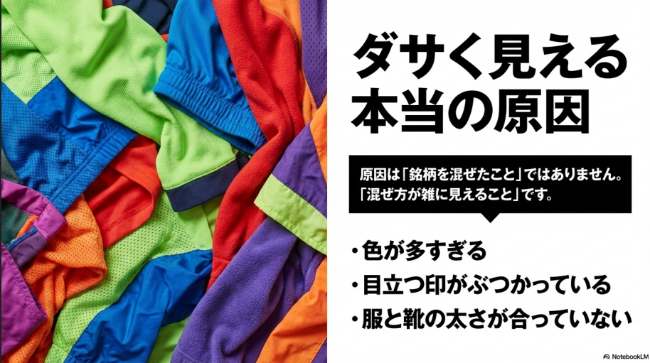 色が多すぎる、目立つロゴがぶつかる、服と靴の太さが合っていないなど、失敗の原因をまとめたスライド。