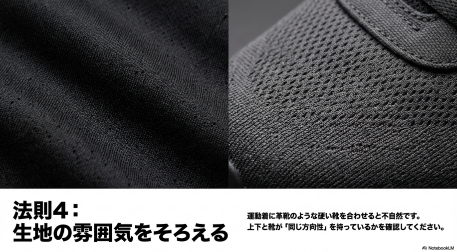 運動着に革靴を合わせるような不自然さを避け、生地の方向性を揃える重要性の解説。