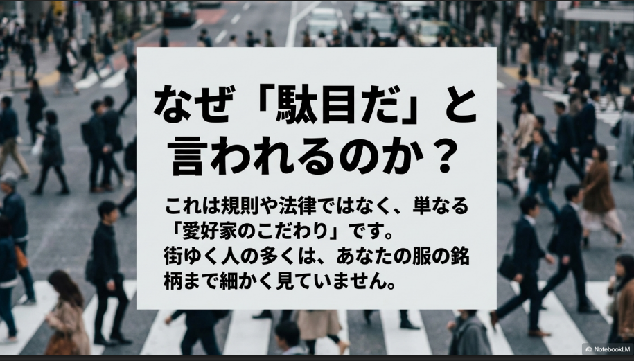 ブランドを混ぜることが「駄目」と言われる理由は、規則ではなく一部の愛好家のこだわりであるという解説。