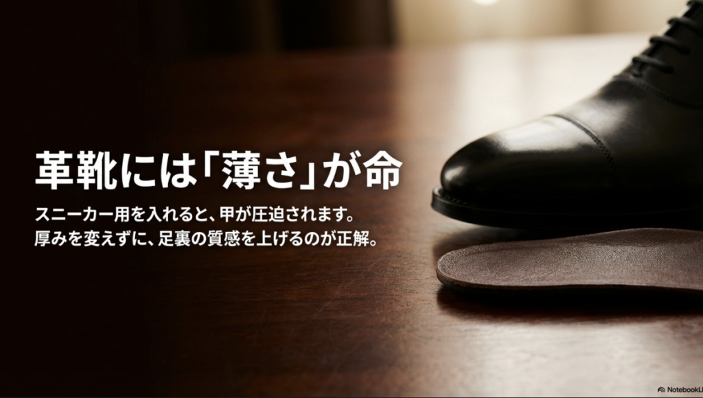 革靴には薄さが重要であり、スニーカー用を避けるべき理由の解説