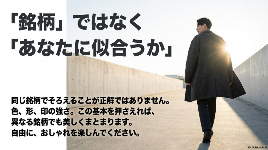 銘柄で揃えることよりも自分に似合うバランスを大切にし、自由にファッションを楽しむことを勧めるまとめ。
