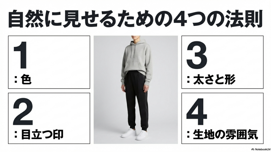 色、ロゴ、シルエット、生地の雰囲気を揃えるという、自然な着こなしのための4つの法則。