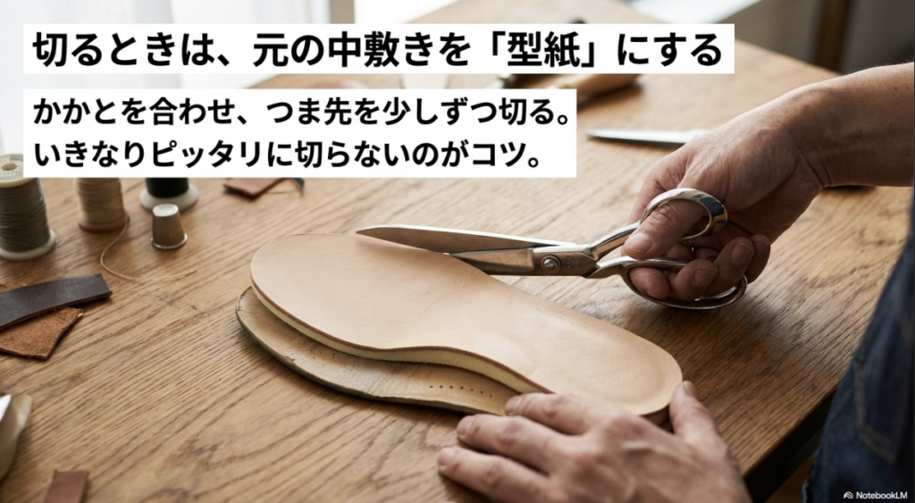 元の中敷きを型紙にして、かかとを合わせて少しずつ切る手順の図解