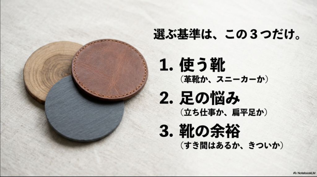 使う靴、足の悩み、靴の余裕というインソール選びで重要な3つのポイント