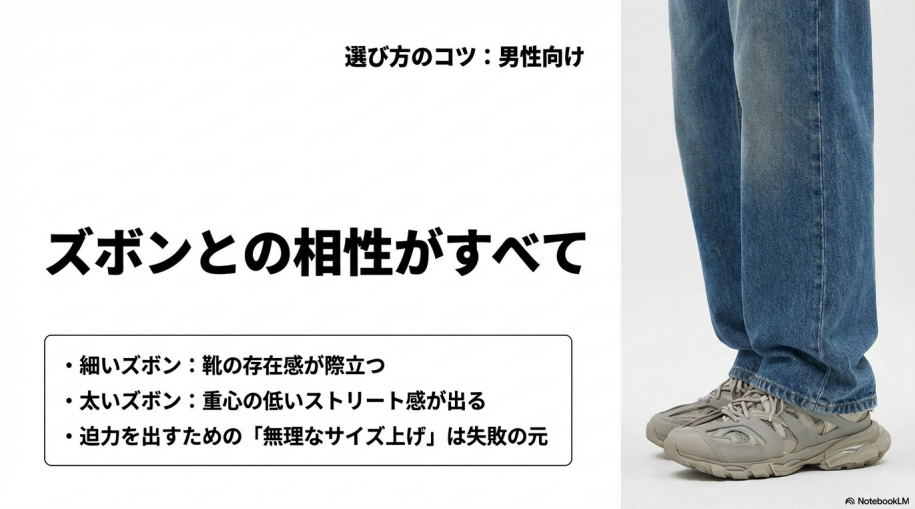 ズボンとの相性を重視し、無理なサイズ上げを避けることを推奨する男性向けスライド
