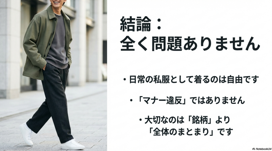 日常の私服としてブランドを混ぜることは自由であり、マナー違反ではないことを示す解説スライド。