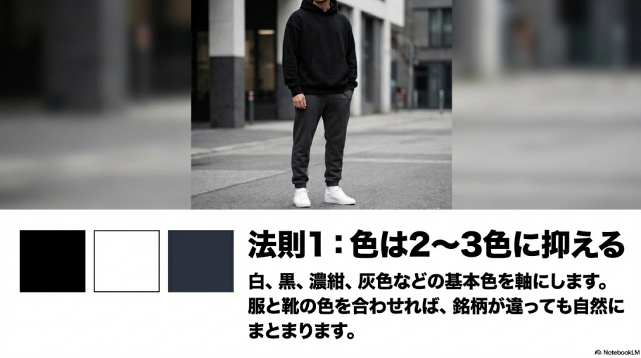 白、黒、濃紺、灰色などの基本色を軸に、色数を2〜3色に抑えることでまとまりを出す解説。