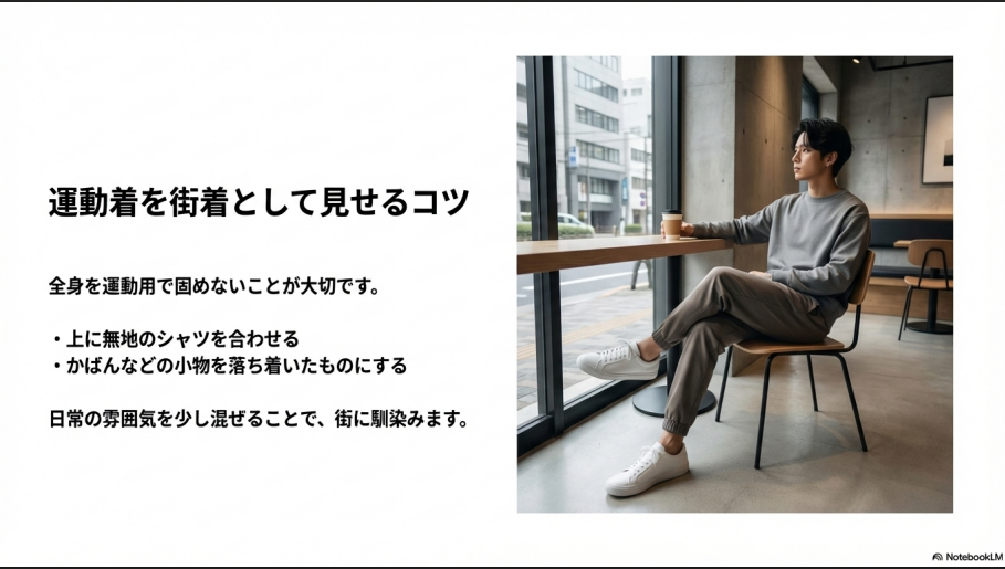 無地のシャツや小物を混ぜて、運動着を日常の雰囲気に馴染ませるテクニック。