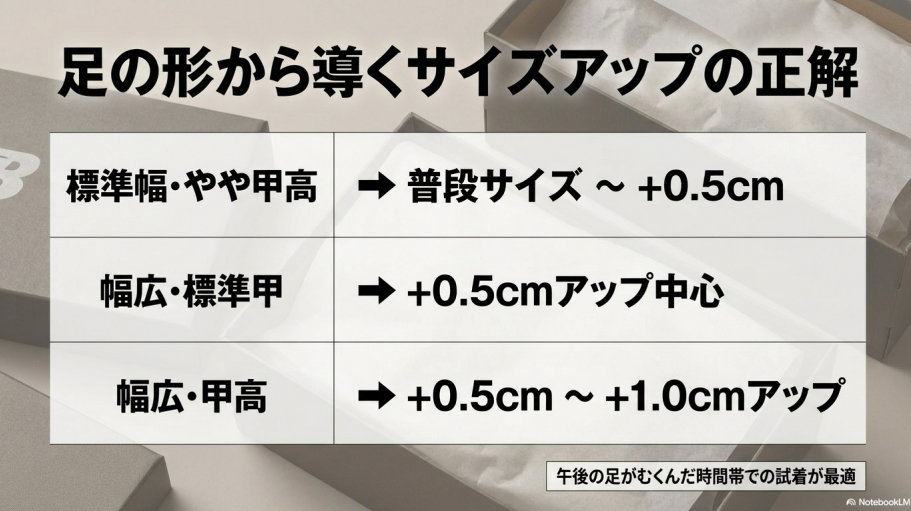 標準幅、幅広、甲高に応じた0.5cmから1.0cmアップの推奨サイズ表