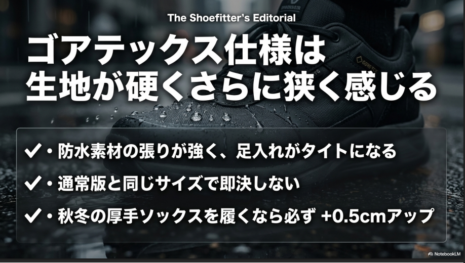 防水素材によるタイトな足入れ感と厚手ソックス時のサイズアップ推奨