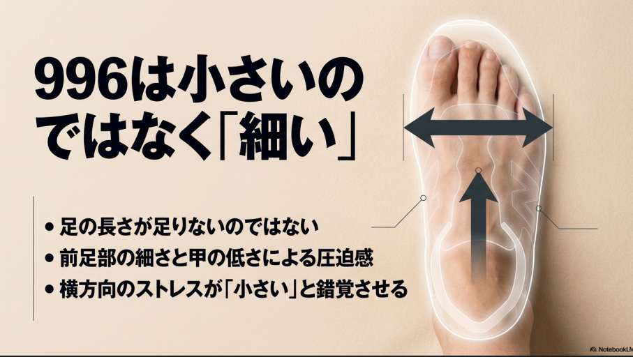996は足長ではなく前足部の細さと甲の低さが原因であるという説明図