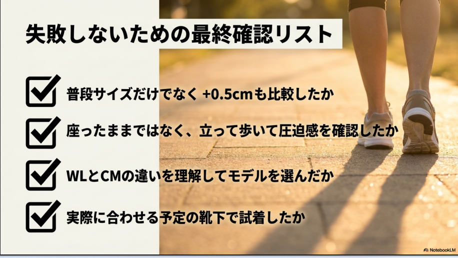 比較試着、歩行確認、モデル違いの理解などをまとめたチェック項目 nb-996-sizing-