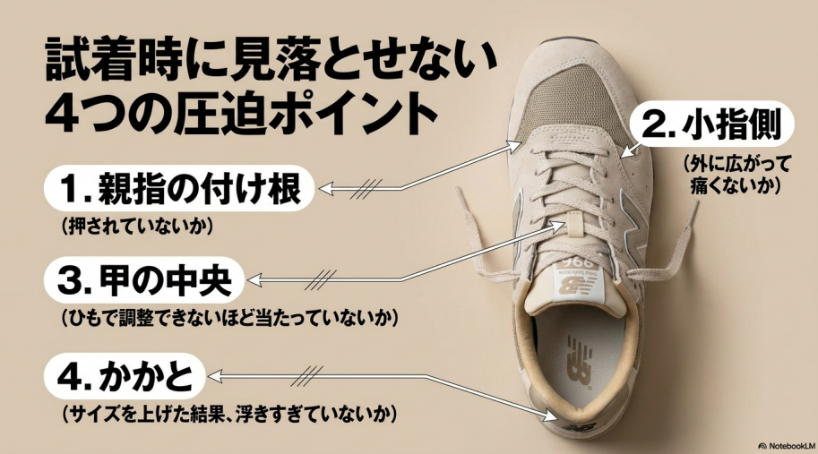 親指の付け根、小指側、甲、かかとの圧迫感を確認するイラスト