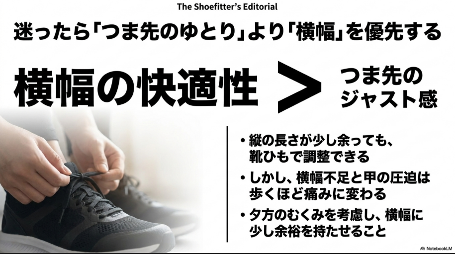 つま先の余裕よりも横幅の快適性を優先すべき理由の解説図