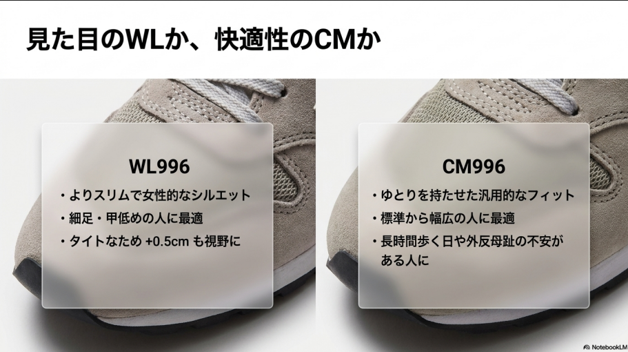 シルエット、フィット感、おすすめの足型をまとめた比較図