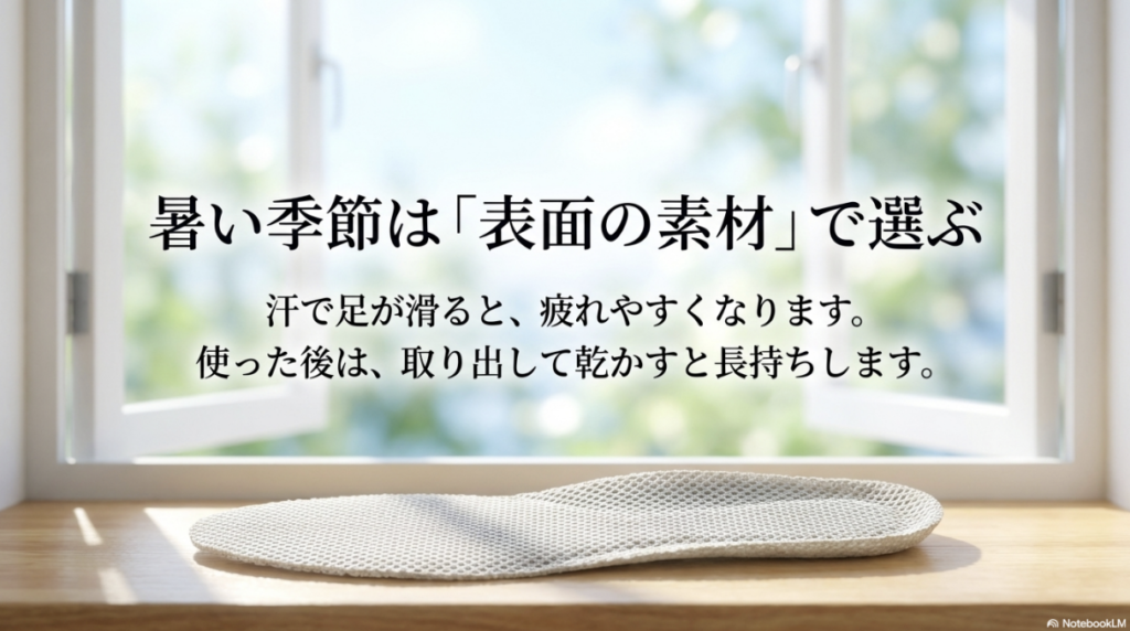 暑い時期は表面素材で選ぶことと、使用後に乾かすメンテナンスの重要性