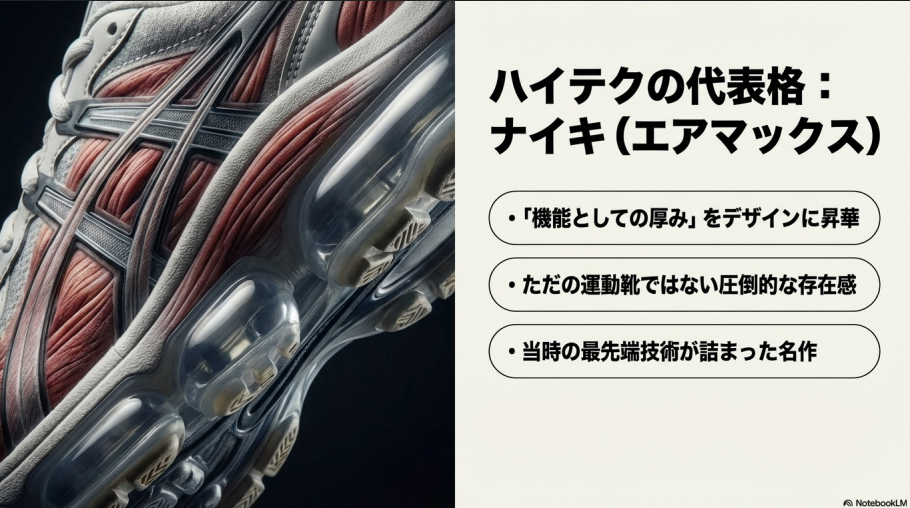 機能としての厚みをデザインに昇華させたナイキ・エアマックスの特徴をまとめたスライド