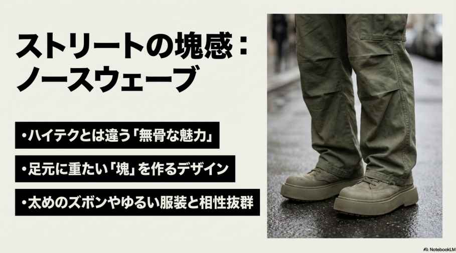 ハイテクとは違う無骨な魅力と、足元に重たい塊を作るノースウェーブのデザインを解説したスライド