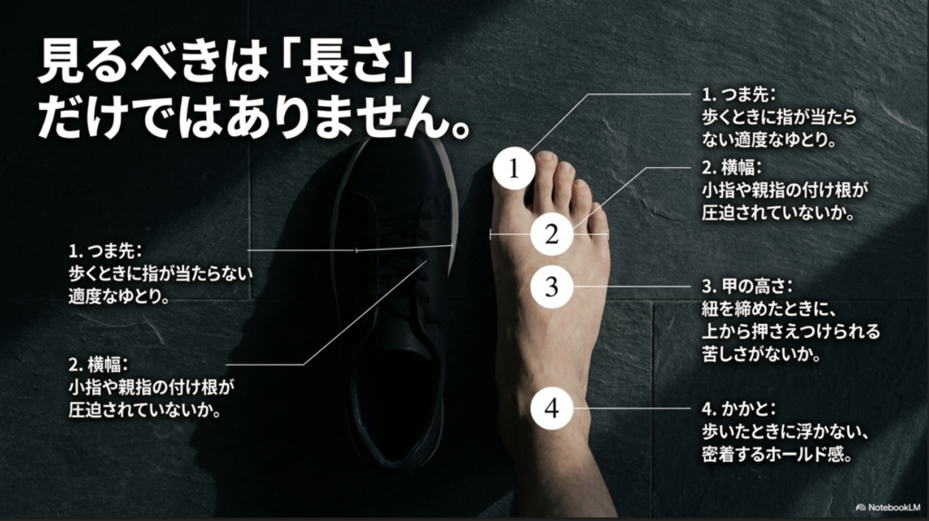 つま先、横幅、甲の高さ、かかとの4箇所でチェックするスニーカーのサイズ選び。