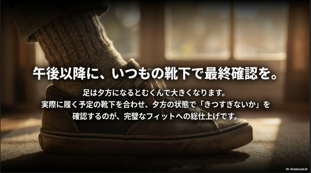 足がむくむ午後以降に、いつもの靴下を履いてサイズを確認する重要性の解説。