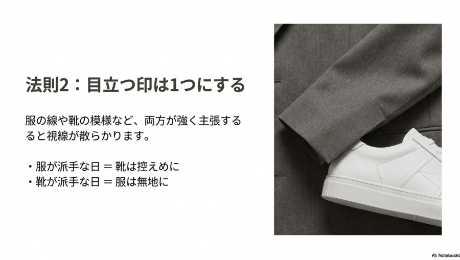 服と靴の両方が主張すると視線が散らかるため、目立つ印は1つにするというルール。