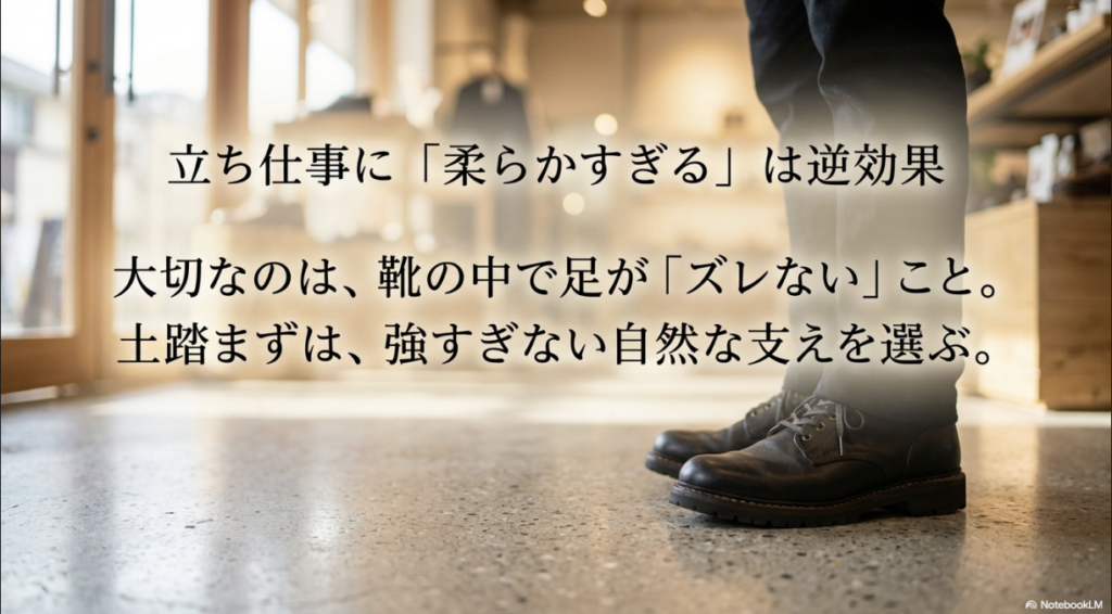 立ち仕事には柔らかすぎない支えとズレないことが重要であるという解説