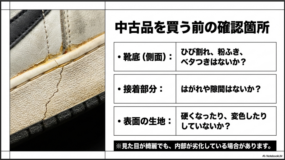 靴底のひび割れ、接着部分のはがれ、表面生地の劣化など、中古スニーカーの確認ポイントをまとめたスライド