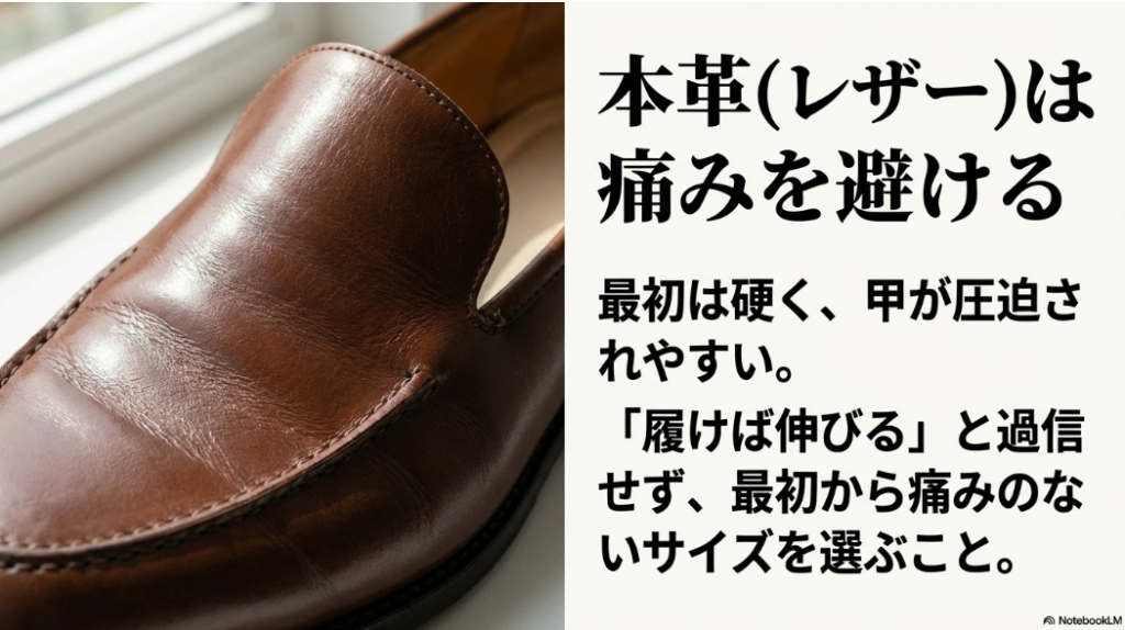 本革は「履けば伸びる」と過信せず、最初から痛みのないサイズを選ぶべきという注意喚起