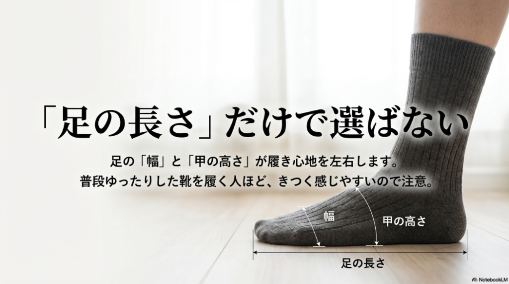 足の長さ（足長）だけでなく、幅と甲の高さが履き心地を左右することを説明するイラスト