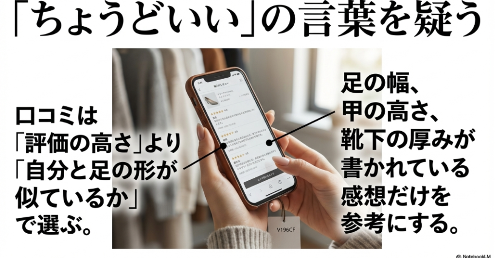 「ちょうどいい」という感想だけでなく、足の形や靴下の厚みが書かれているレビューを参考にする手順