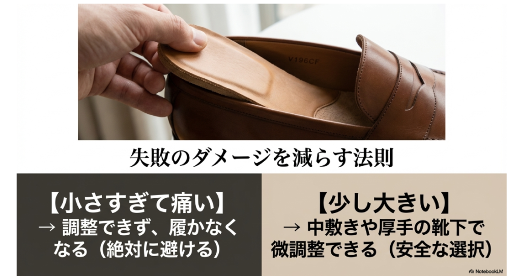 小さすぎるサイズは避け、少し大きいサイズを中敷きで調整する「安全な選択」を解説した図解