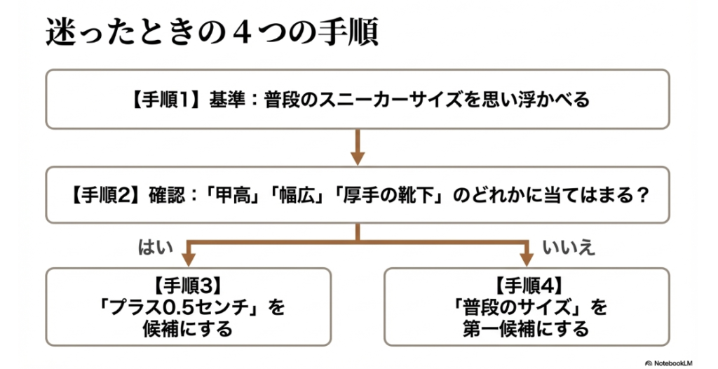 普段のサイズから「甲高・幅広・厚手の靴下」の条件を確認してサイズを決めるフローチャート
