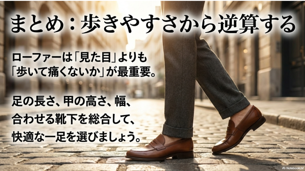 見た目よりも「歩いて痛くないか」を最優先し、総合的に快適な一足を選ぶためのまとめ