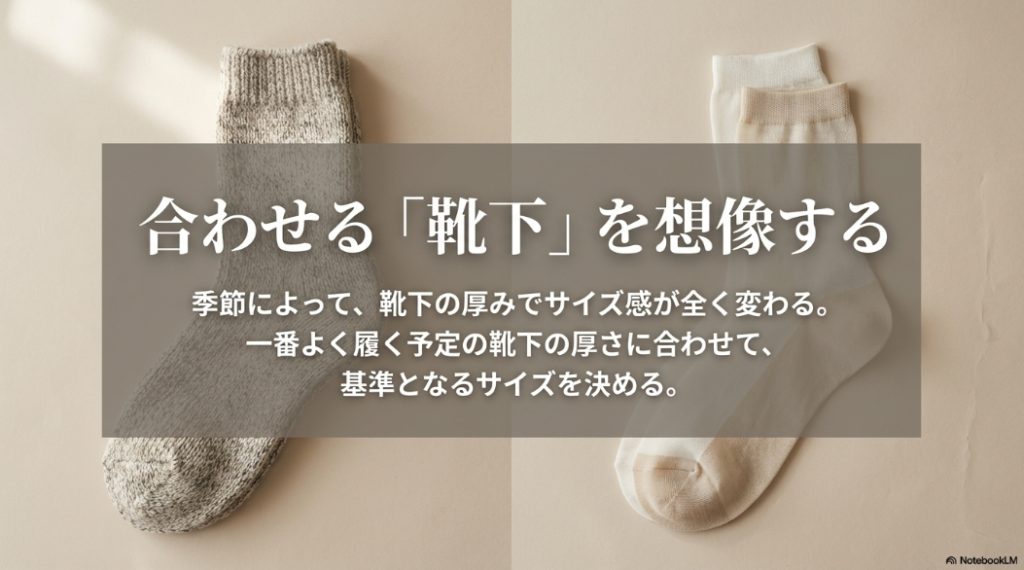 季節や用途に合わせて、最もよく履く予定の靴下の厚さに合わせてサイズを決める重要性の解説