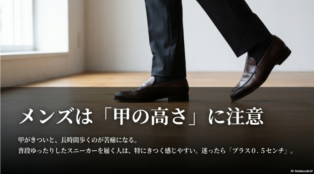 男性は特に甲のきつさに注意し、迷った場合は「プラス0.5センチ」を推奨するスライド