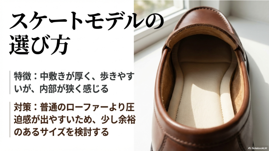 スケートモデルは中敷きが厚く内部が狭く感じるため、余裕のあるサイズを検討すべきという解説