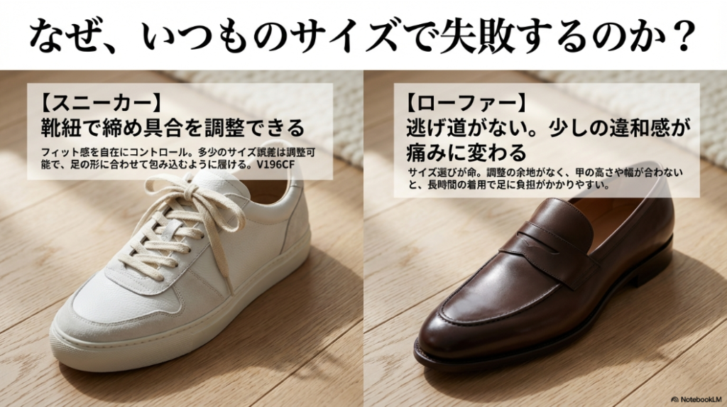紐で調整できるスニーカーと、調整の余地がなくサイズ選びが命となるローファーの違いの比較図