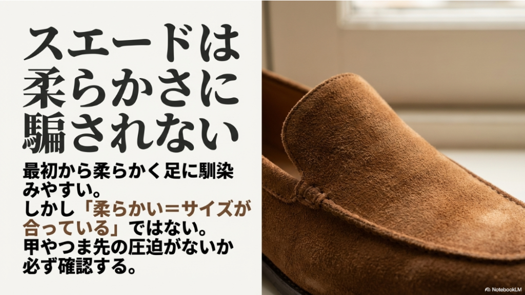 スエードは柔らかく馴染みやすいが、甲やつま先の圧迫がないか必ず確認すべきという解説