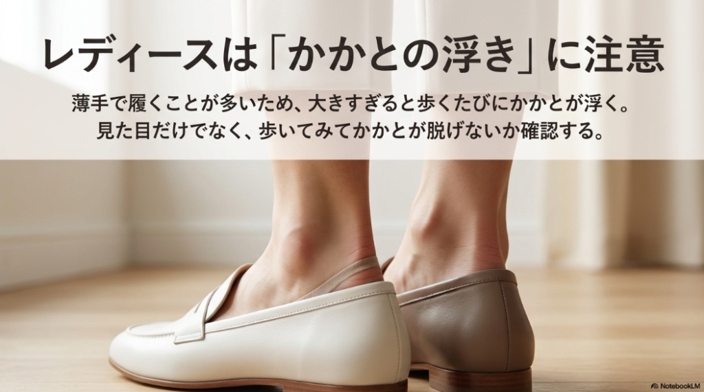 女性は薄手で履くことが多いため、歩いたときにかかとが脱げないか確認すべきという注意点