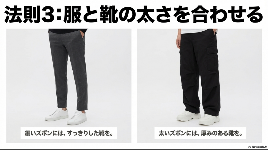 細いズボンにはすっきりした靴、太いズボンには厚みのある靴を合わせるというシルエットの法則。