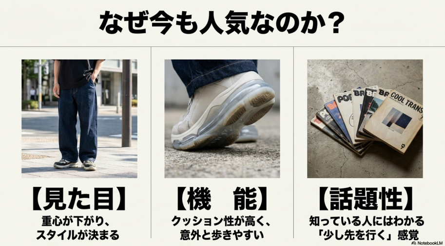 見た目（スタイルアップ）、機能（歩きやすさ）、話題性の3つの観点から人気の理由を解説するスライド