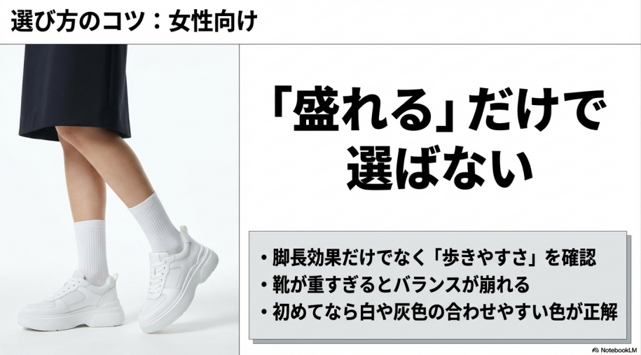 盛れるだけでなく、歩きやすさや合わせやすい色を確認することを推奨する女性向けスライド
